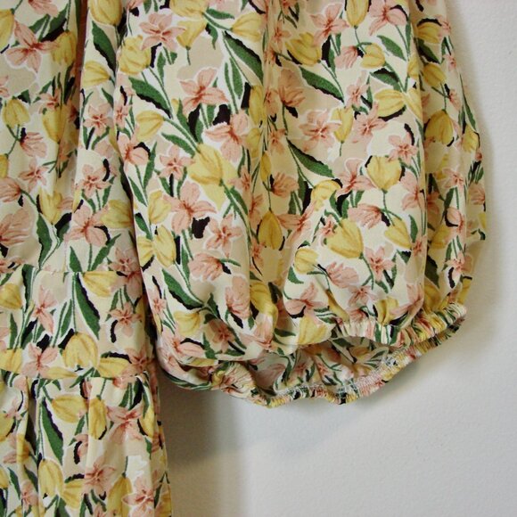 Yellow Floral Midi Dress Prairie Ditsy Babydoll Ruffle Puff Sleeve Size Large - Picture 9 of 16